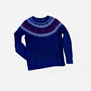 Talbots classic preppy fair isle yoke reindeer blue pink crew neck sweater S